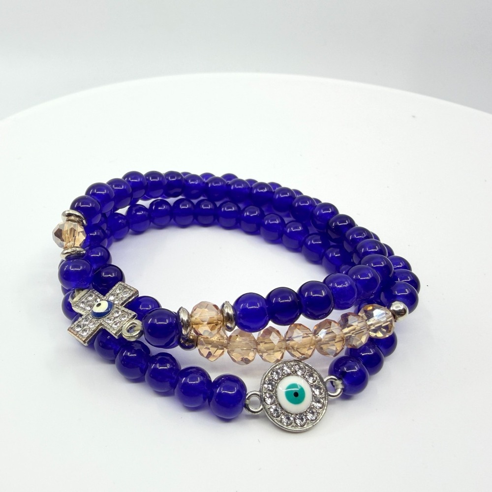 VTG Y2K Cobalt Blue Evil Eye Stretch Bracelet Set with Crystal Beads